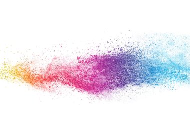 Soyut barut sıçramış arka plan. Beyaz arka planda renkli barut patlaması. Renkli bulut. Renkli toz patlar. Boya Holi.