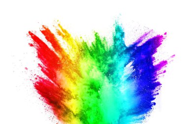 Soyut barut sıçramış arka plan. Beyaz arka planda renkli barut patlaması. Renkli bulut. Renkli toz patlar. Boya Holi.