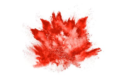 Beyaz arka planda izole edilmiş kırmızı barutun patlaması hareketsiz. Kırmızı toz bulutunun soyut tasarımı. Parçacık patlaması ekran koruyucusu, duvar kağıdı