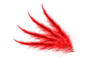 Beyaz arka planda izole edilmiş kırmızı barutun patlaması hareketsiz. Kırmızı toz bulutunun soyut tasarımı. Parçacık patlaması ekran koruyucusu, duvar kağıdı