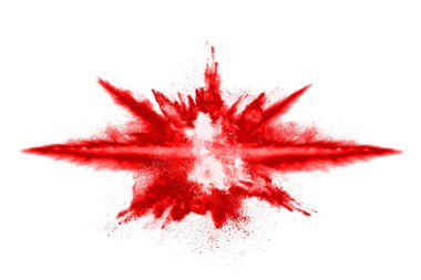 Beyaz arka planda izole edilmiş kırmızı barutun patlaması hareketsiz. Kırmızı toz bulutunun soyut tasarımı. Parçacık patlaması ekran koruyucusu, duvar kağıdı