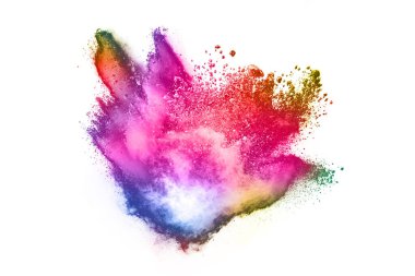 Soyut barut sıçramış arka plan. Beyaz arka planda renkli barut patlaması. Renkli bulut. Renkli toz patlar. Boya Holi.
