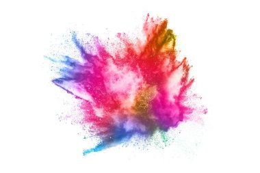 Soyut barut sıçramış arka plan. Beyaz arka planda renkli barut patlaması. Renkli bulut. Renkli toz patlar. Boya Holi.