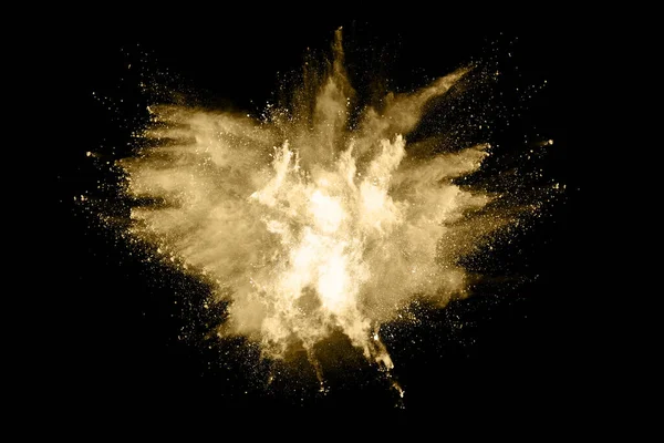 Golden Powder Explosion Black Background Freeze Motion — Stock Photo, Image