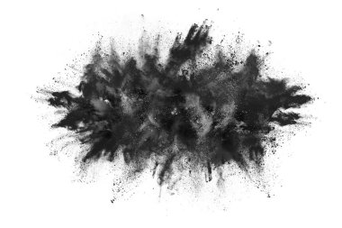 Beyaz zemin üzerinde kömür parçacıkları, beyaz zemin üzerine serpilmiş soyut toz, patlayan kara barutun dondurucu hareketi veya barut atmak.