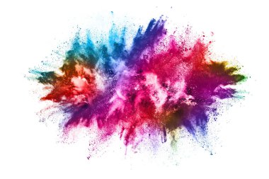 Soyut barut sıçramış arka plan. Beyaz arka planda renkli barut patlaması. Renkli bulut. Renkli toz patlar. Boya Holi.