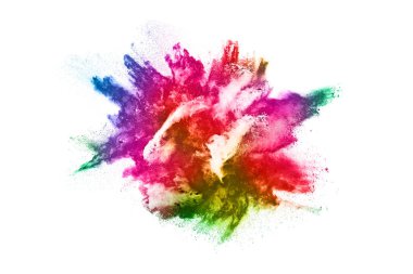 Soyut barut sıçramış arka plan. Beyaz arka planda renkli barut patlaması. Renkli bulut. Renkli toz patlar. Boya Holi.