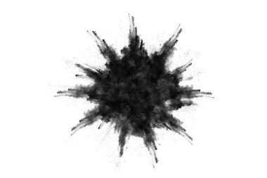 Beyaz zemin üzerinde kömür parçacıkları, beyaz zemin üzerine serpilmiş soyut toz, patlayan kara barutun dondurucu hareketi veya barut atmak.