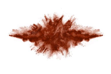 Beyaz arka planda kahverengi renkli toz patlaması. Renkli bulut. Renkli toz patlar. Boya Holi.