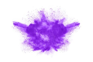 Beyaz arka planda mor toz patlaması. Renkli bulut. Renkli toz patlar. Boya Holi.