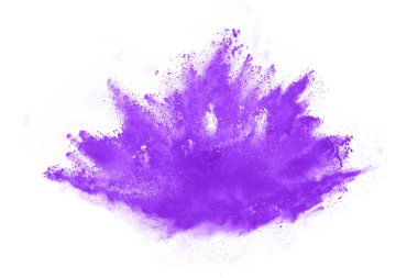 Beyaz arka planda mor toz patlaması. Renkli bulut. Renkli toz patlar. Boya Holi.