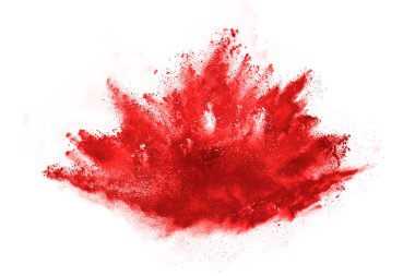 Beyaz arka planda izole edilmiş kırmızı barutun patlaması hareketsiz. Kırmızı toz bulutunun soyut tasarımı. Parçacık patlaması ekran koruyucusu, duvar kağıdı