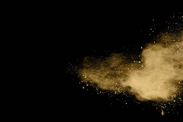 Golden Powder Explosion Black Background Freeze Motion — Stock Photo, Image