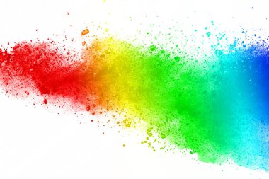 Soyut barut sıçramış arka plan. Beyaz arka planda renkli barut patlaması. Renkli bulut. Renkli toz patlar. Boya Holi.