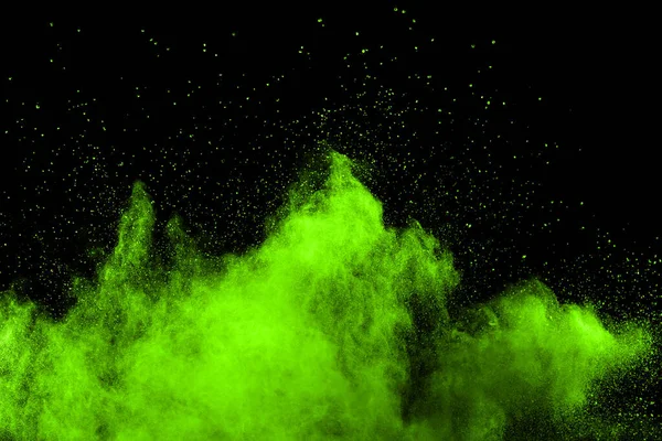 Grönt Pulver Explosion Svart Bakgrund Färgat Moln Färgstarkt Damm Exploderar — Stockfoto