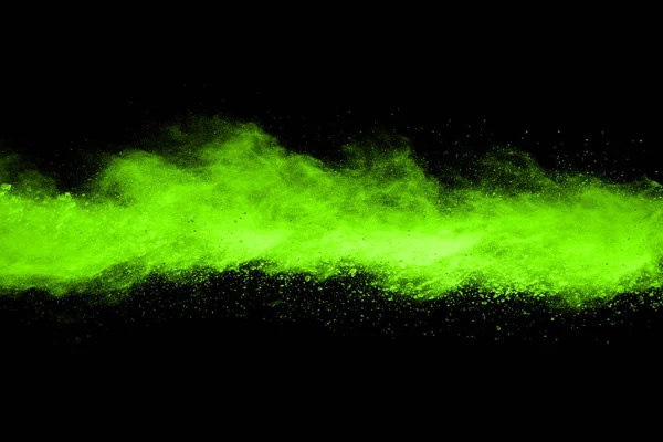 Grönt Pulver Explosion Svart Bakgrund Färgat Moln Färgstarkt Damm Exploderar — Stockfoto
