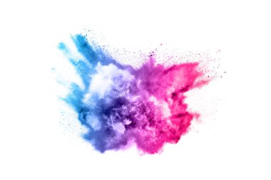Soyut barut sıçramış arka plan. Beyaz arka planda renkli barut patlaması. Renkli bulut. Renkli toz patlar. Boya Holi.