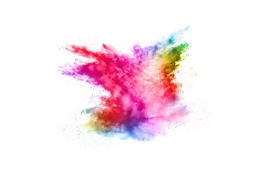 Soyut barut sıçramış arka plan. Beyaz arka planda renkli barut patlaması. Renkli bulut. Renkli toz patlar. Boya Holi.