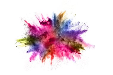 Beyaz arka planda mavi renkli toz patlaması. Renkli bulut. Renkli toz patlar. Boya Holi.