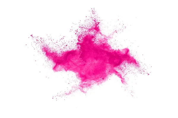 Soyut pembe toz sıçramış arkaplan, patlayan renk tozunun hareketsiz hareketi / renk pudrası, beyaz arkaplanda renk parıltısı dokusu.