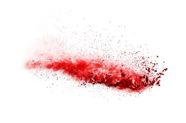Beyaz arka planda izole edilmiş kırmızı barutun patlaması hareketsiz. Kırmızı toz bulutunun soyut tasarımı. Parçacık patlaması ekran koruyucusu, duvar kağıdı