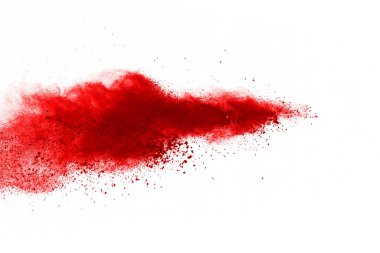 Beyaz arka planda izole edilmiş kırmızı barutun patlaması hareketsiz. Kırmızı toz bulutunun soyut tasarımı. Parçacık patlaması ekran koruyucusu, duvar kağıdı