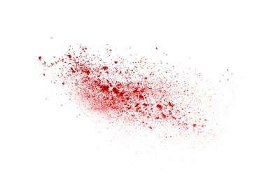Beyaz arka planda izole edilmiş kırmızı barutun patlaması hareketsiz. Kırmızı toz bulutunun soyut tasarımı. Parçacık patlaması ekran koruyucusu, duvar kağıdı