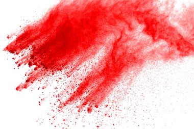 Beyaz arka planda izole edilmiş kırmızı barutun patlaması hareketsiz. Kırmızı toz bulutunun soyut tasarımı. Parçacık patlaması ekran koruyucusu, duvar kağıdı
