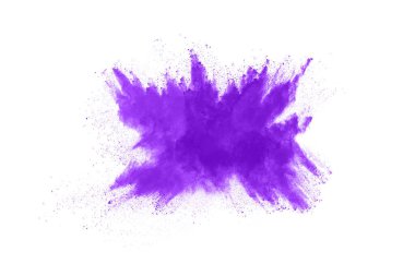 Barut patlaması. Mor toz parçacığının beyaza izole edilmiş görüntüsü. Soyut arkaplan.