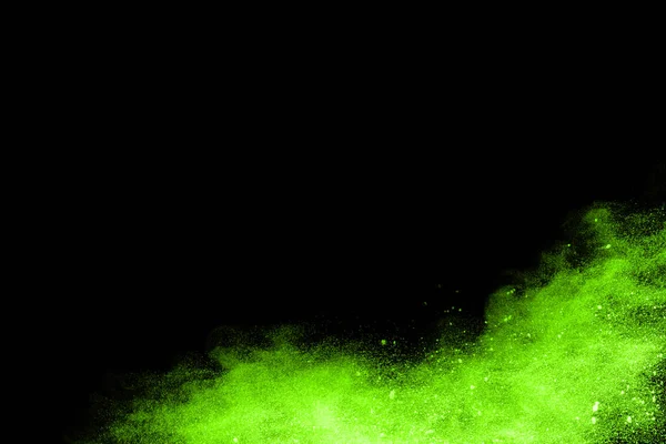 Movimento Explosão Poeira Abstrata Congelado Verde Sobre Fundo Preto Pare — Fotografia de Stock