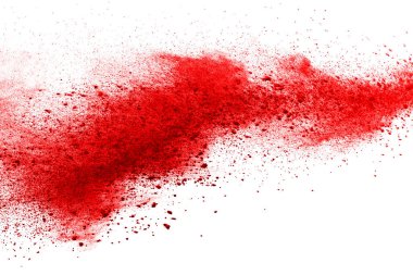 Beyaz arka planda izole edilmiş kırmızı barutun patlaması hareketsiz. Kırmızı toz bulutunun soyut tasarımı. Parçacık patlaması ekran koruyucusu, duvar kağıdı