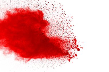 Beyaz arka planda izole edilmiş kırmızı barutun patlaması hareketsiz. Kırmızı toz bulutunun soyut tasarımı. Parçacık patlaması ekran koruyucusu, duvar kağıdı