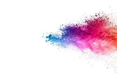 Soyut barut sıçramış arka plan. Beyaz arka planda renkli barut patlaması. Renkli bulut. Renkli toz patlar. Boya Holi.