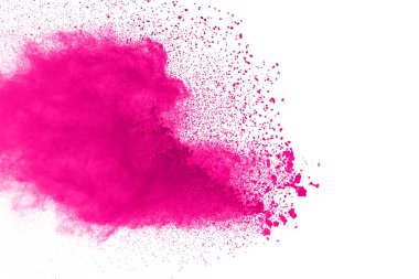 Soyut pembe toz sıçramış arkaplan, patlayan renk tozunun hareketsiz hareketi / renk pudrası, beyaz arkaplanda renk parıltısı dokusu.