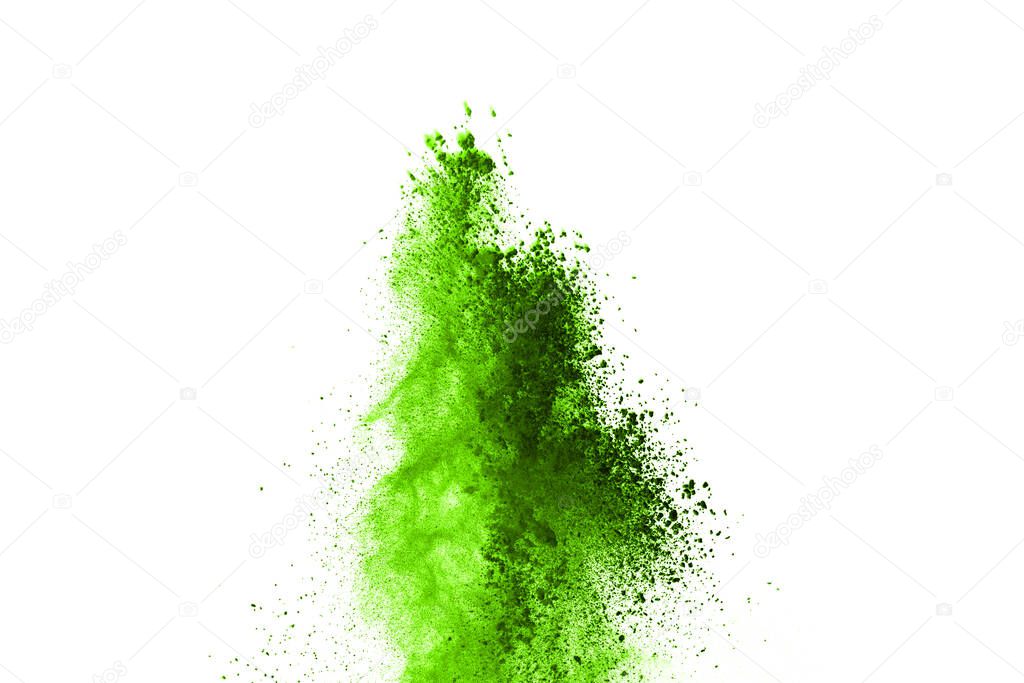 Green powder explosion isolated on white background