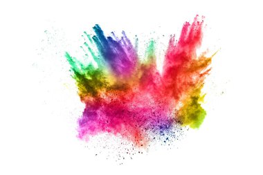 Soyut barut sıçramış arka plan. Beyaz arka planda renkli barut patlaması. Renkli bulut. Renkli toz patlar. Boya Holi.