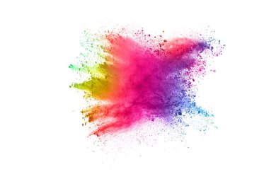 Soyut barut sıçramış arka plan. Beyaz arka planda renkli barut patlaması. Renkli bulut. Renkli toz patlar. Boya Holi.