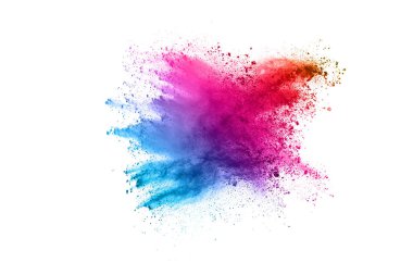 Soyut barut sıçramış arka plan. Beyaz arka planda renkli barut patlaması. Renkli bulut. Renkli toz patlar. Boya Holi.