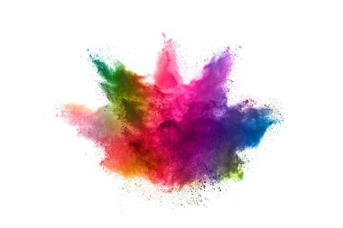 Soyut barut sıçramış arka plan. Beyaz arka planda renkli barut patlaması. Renkli bulut. Renkli toz patlar. Boya Holi.