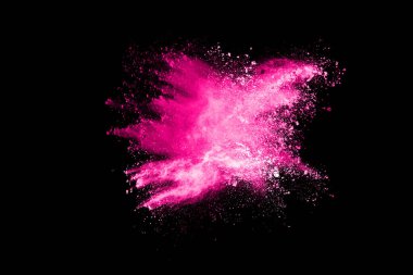 Siyah arka planda pembe toz patlaması. Renkli bulut. Renkli toz patlar. Boya Holi.