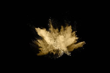 Siyah arka planda altın tozu patlaması. Renkli bulut. Renkli toz patlar. Boya Holi.