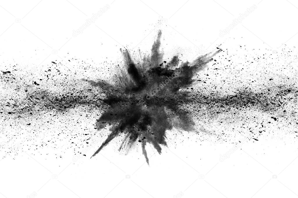 particles of charcoal on white background,abstract powder splatted on white background,Freeze motion of black powder exploding or throwing black powder.