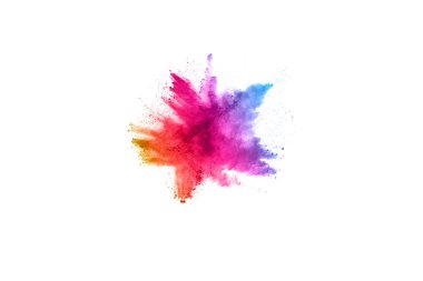 Soyut barut sıçramış arka plan. Beyaz arka planda renkli barut patlaması. Renkli bulut. Renkli toz patlar. Boya Holi.
