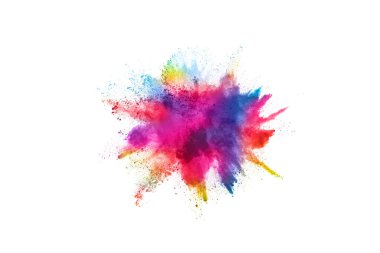 Soyut barut sıçramış arka plan. Beyaz arka planda renkli barut patlaması. Renkli bulut. Renkli toz patlar. Boya Holi.