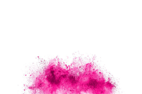 Abstract pink powder splatted background,Freeze motion of color powder exploding/throwing color powder,color glitter texture on white background.