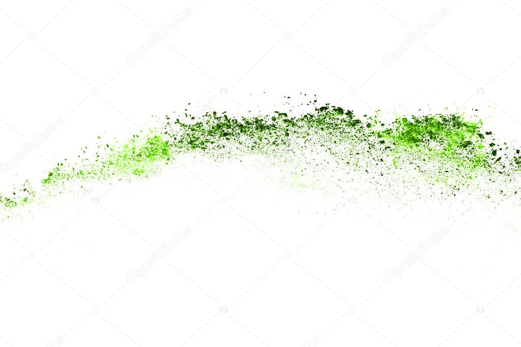 Green powder explosion on white background. Colored cloud. Colorful dust explode. Paint Holi.