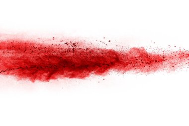 Beyaz arka planda izole edilmiş kırmızı barutun patlaması hareketsiz. Kırmızı toz bulutunun soyut tasarımı. Parçacık patlaması ekran koruyucusu, duvar kağıdı