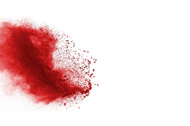 Beyaz arka planda izole edilmiş kırmızı barutun patlaması hareketsiz. Kırmızı toz bulutunun soyut tasarımı. Parçacık patlaması ekran koruyucusu, duvar kağıdı