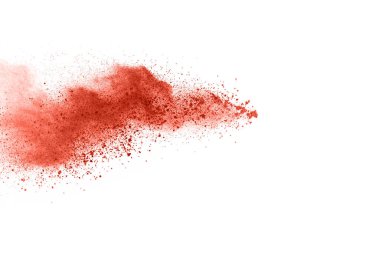 Beyaz arka planda canlı mercan renk pudrası patlaması. Renkli bulut. Renkli toz patlar. Boya Holi.