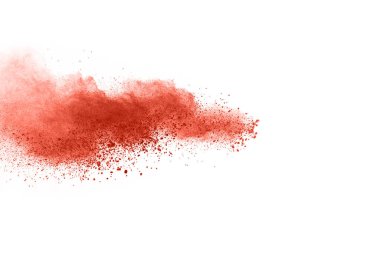 Beyaz arka planda canlı mercan renk pudrası patlaması. Renkli bulut. Renkli toz patlar. Boya Holi.